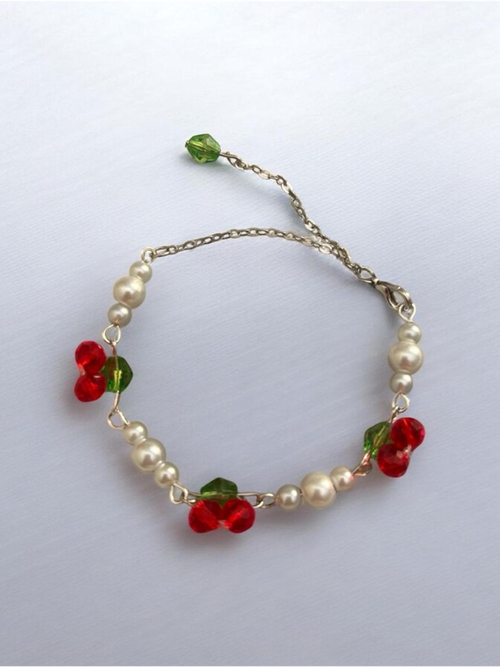 Pearl Beaded Bracelet with Red and Green Cherry 🍒 Bracelet